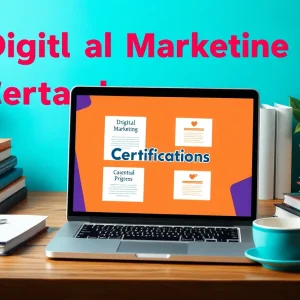 Workspace with laptop and digital marketing certification materials