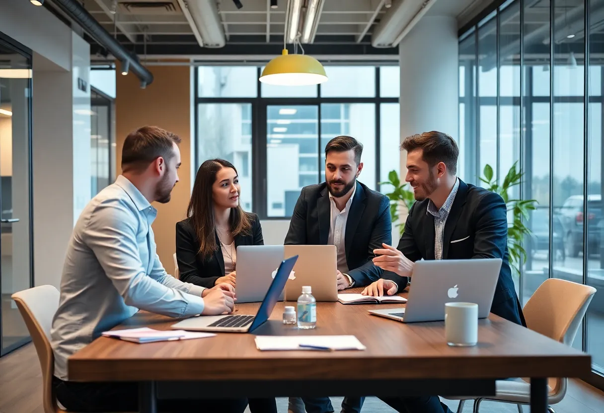 Entrepreneurs brainstorming email marketing strategies in a modern office.