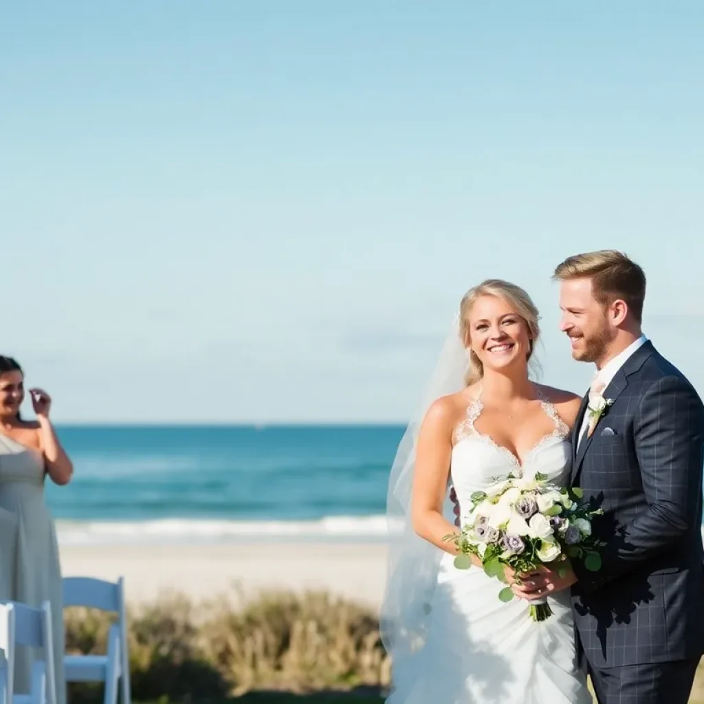 Kinsley Odom and Chase Poston on their wedding day at Dunes Golf and Beach Club in Myrtle Beach.