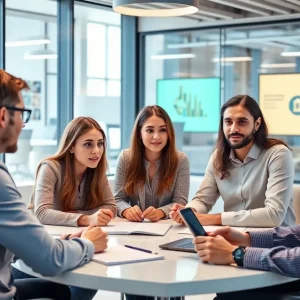 Team discussing marketing strategies in a modern office