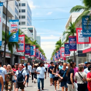 A busy street in Miami with election banners and people engaging in discussions about marketing strategies.