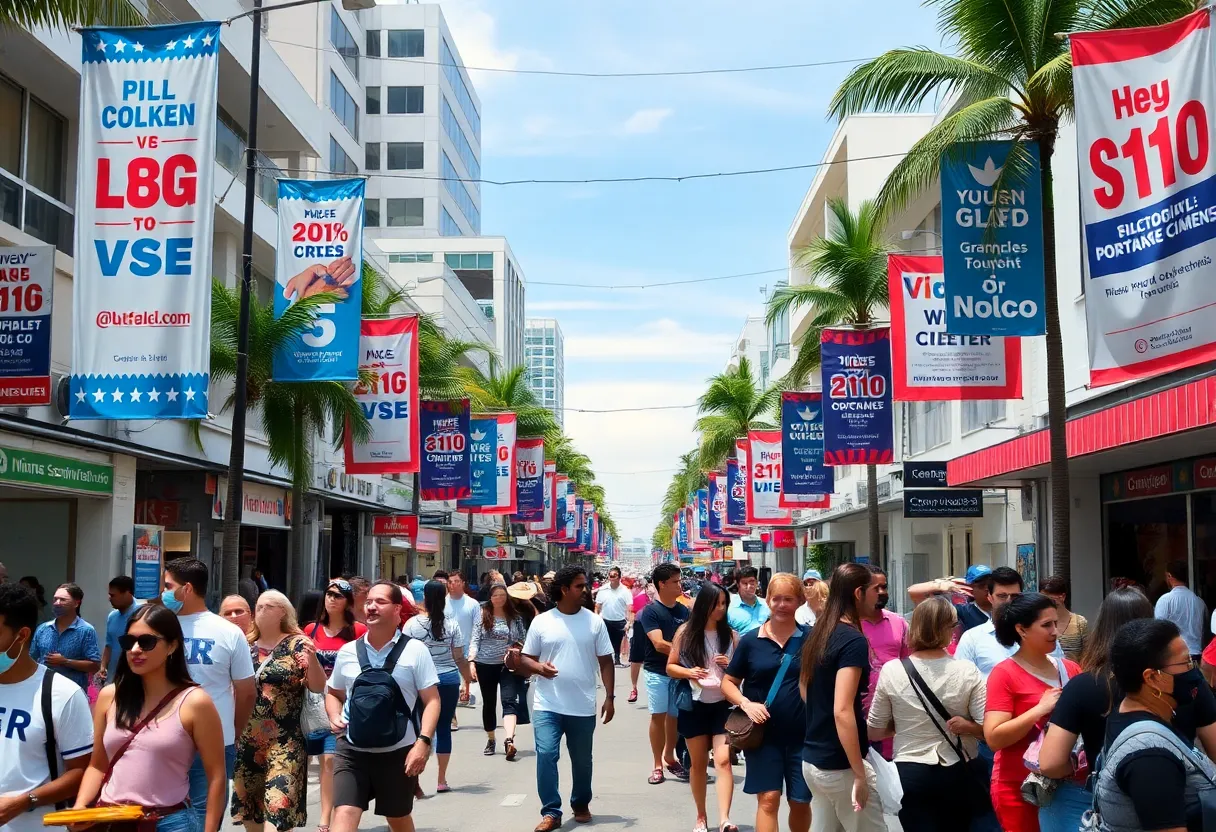 A busy street in Miami with election banners and people engaging in discussions about marketing strategies.