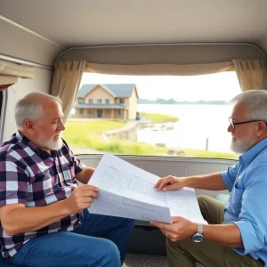 Elderly couple examining plans for their unfinished home while living in a camper.