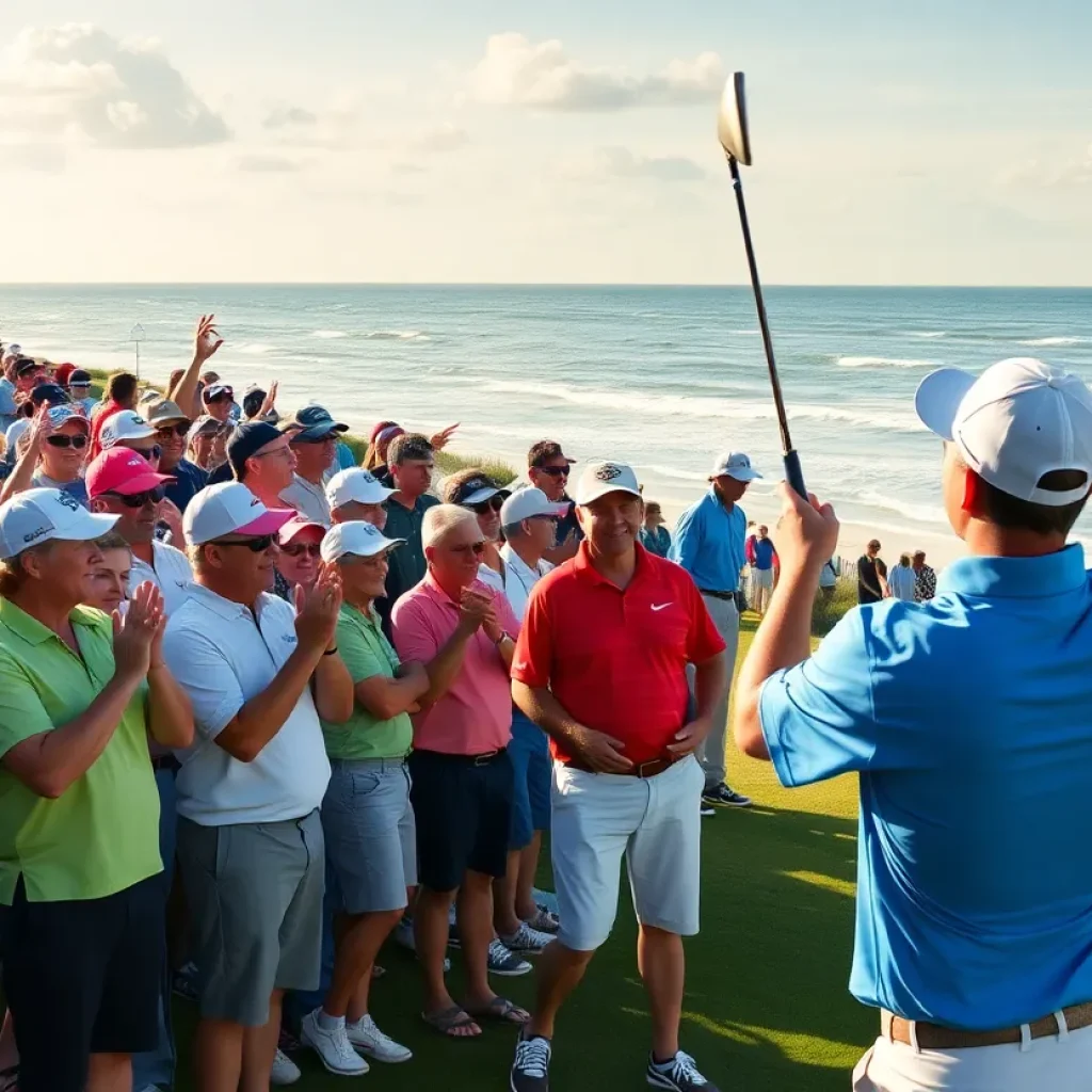 Golfers at the Myrtle Beach Golf Classic with fans cheering