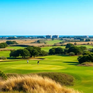 Lush golf course in Myrtle Beach with golfers on a sunny day.