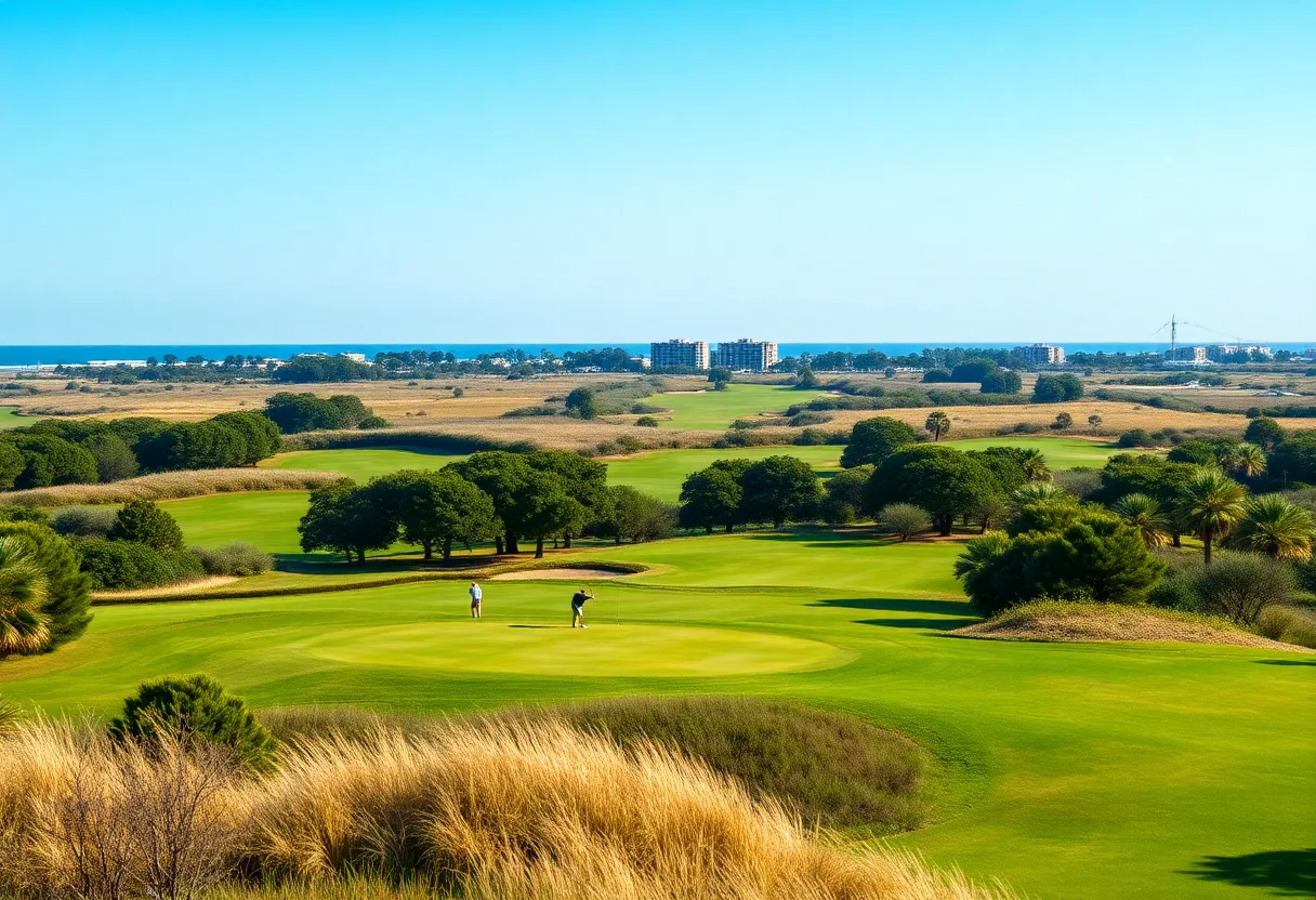 Lush golf course in Myrtle Beach with golfers on a sunny day.