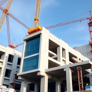 Workers assembling precast connections at a construction site