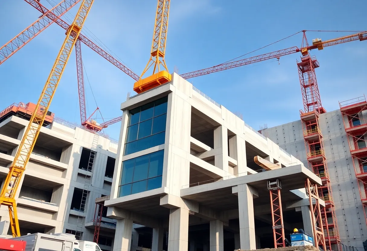 Workers assembling precast connections at a construction site