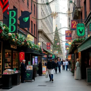 New York street showcasing Wicked-themed decorations and merchandise.