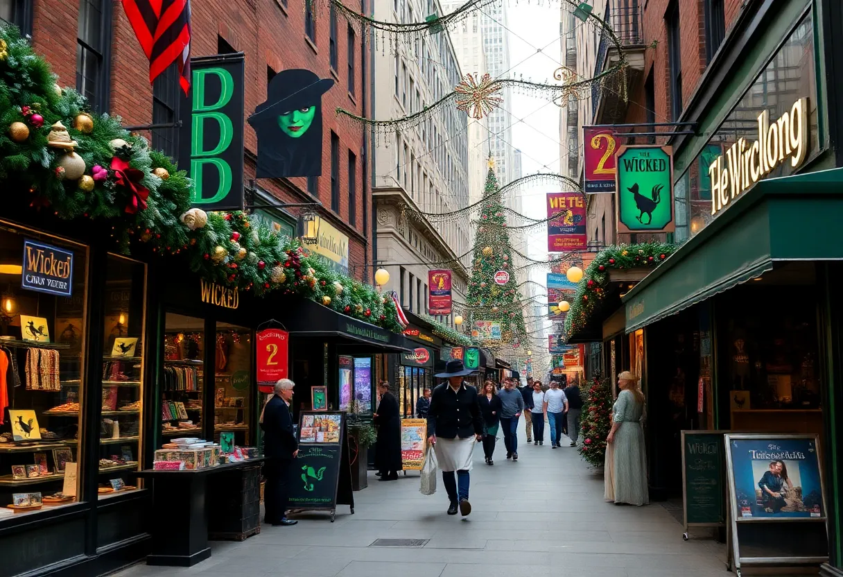 New York street showcasing Wicked-themed decorations and merchandise.