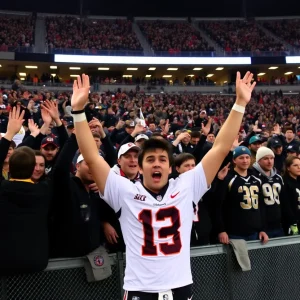 Stadium crowd celebrating a close football game victory.