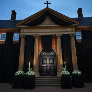 A somber town hall draped in black mourning cloth.