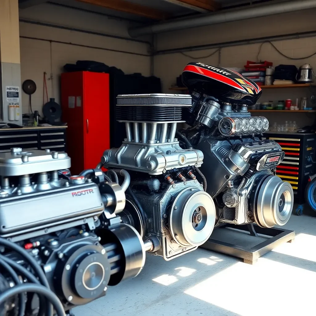 Engines revving in a dynamic motorsports workshop setting.