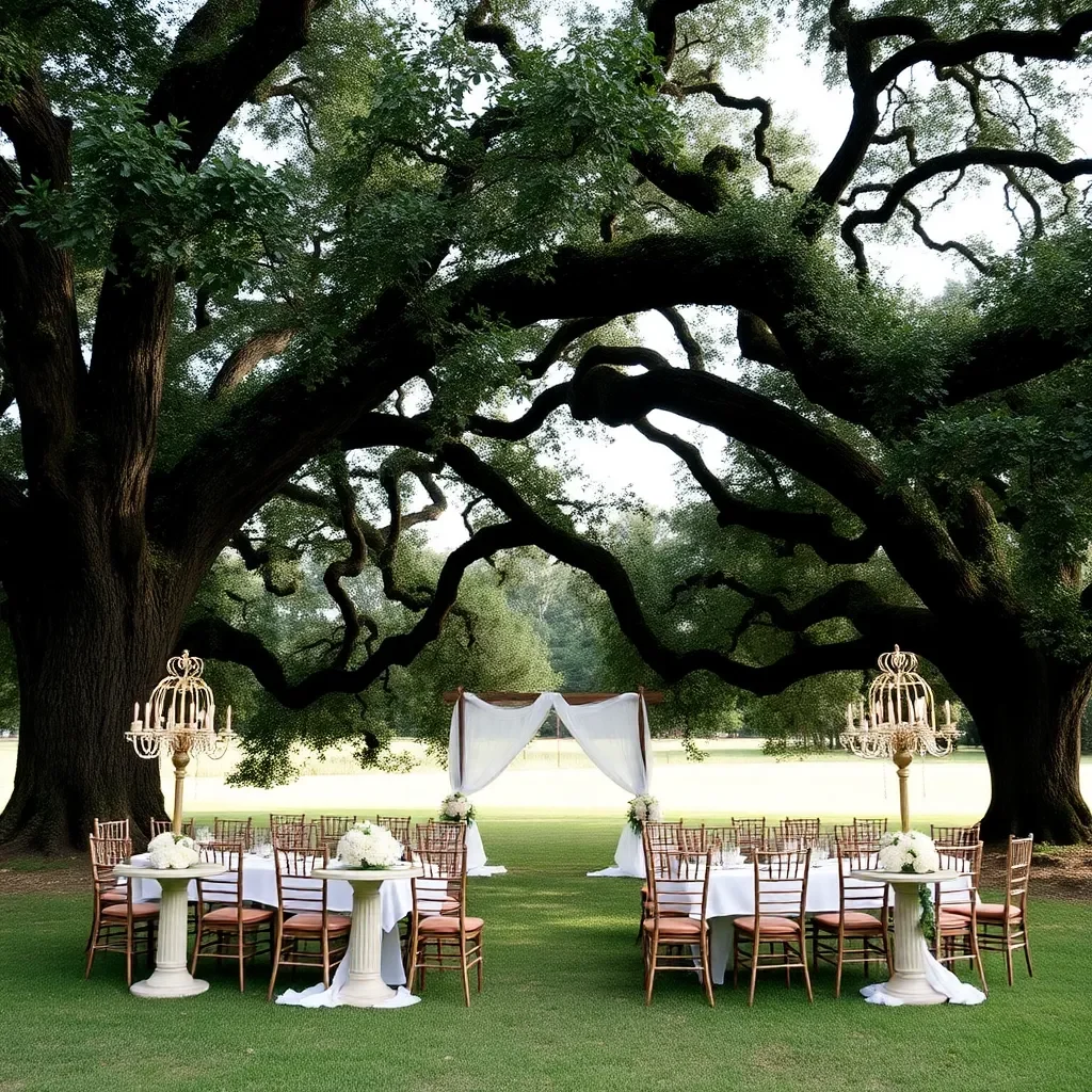 Elegant wedding decor under a large Southern oak tree.