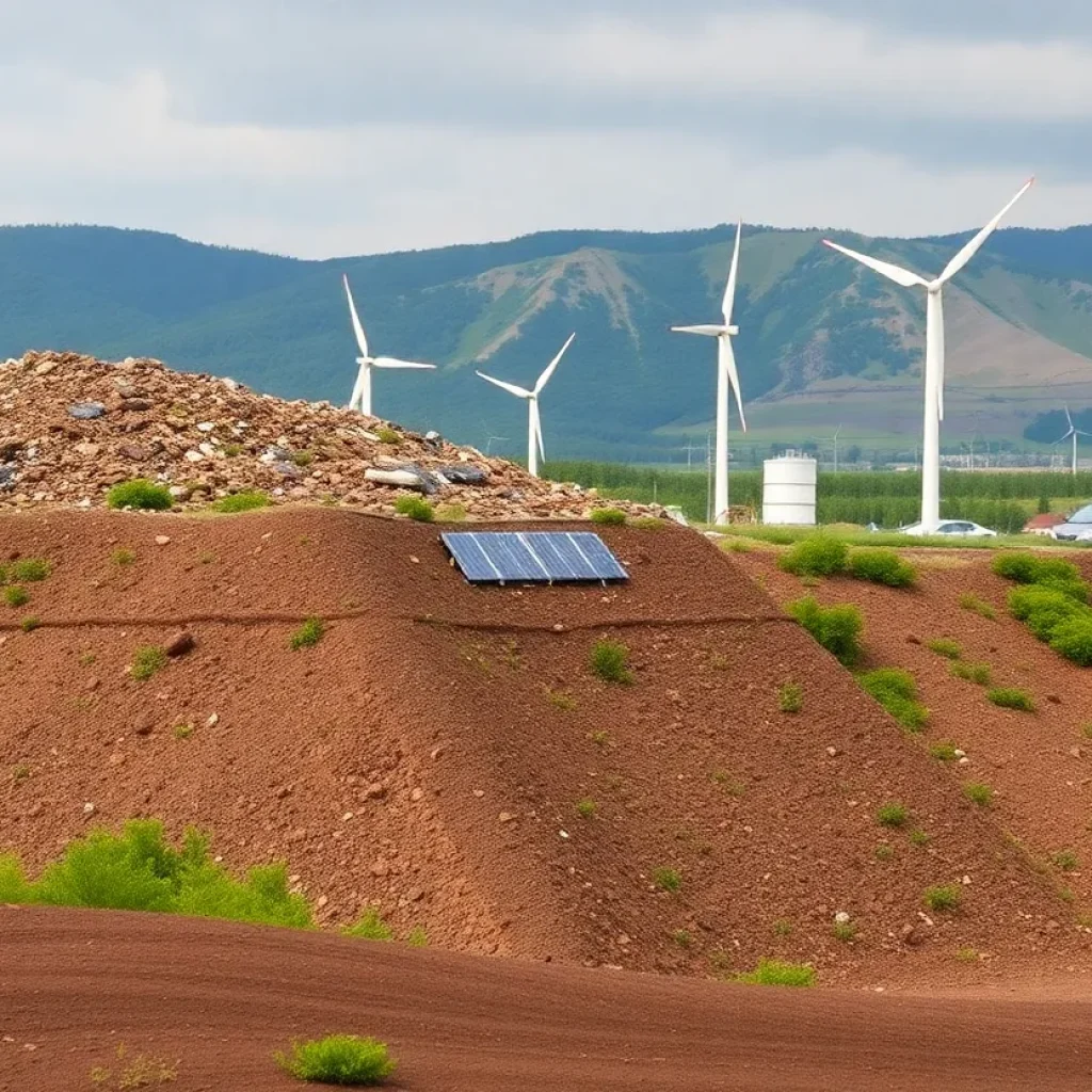 Eco-friendly landfill with renewable energy infrastructure visible.