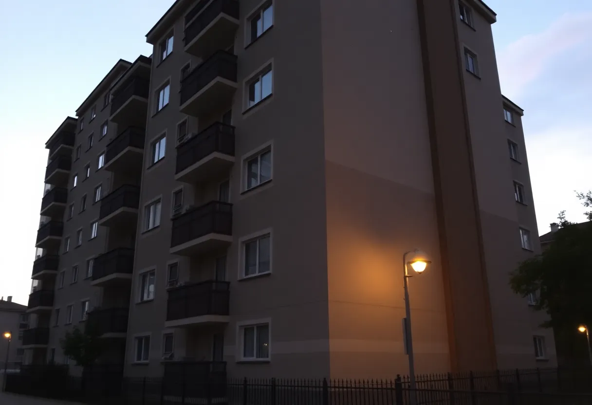 Quiet apartment complex at dusk, reflecting somber atmosphere.