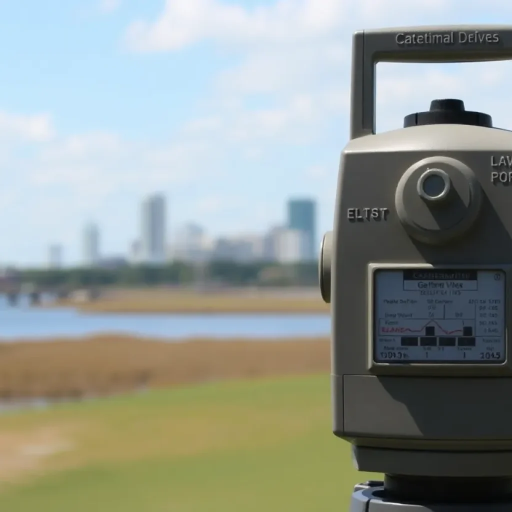 Seismograph reading with Charleston skyline in the background.