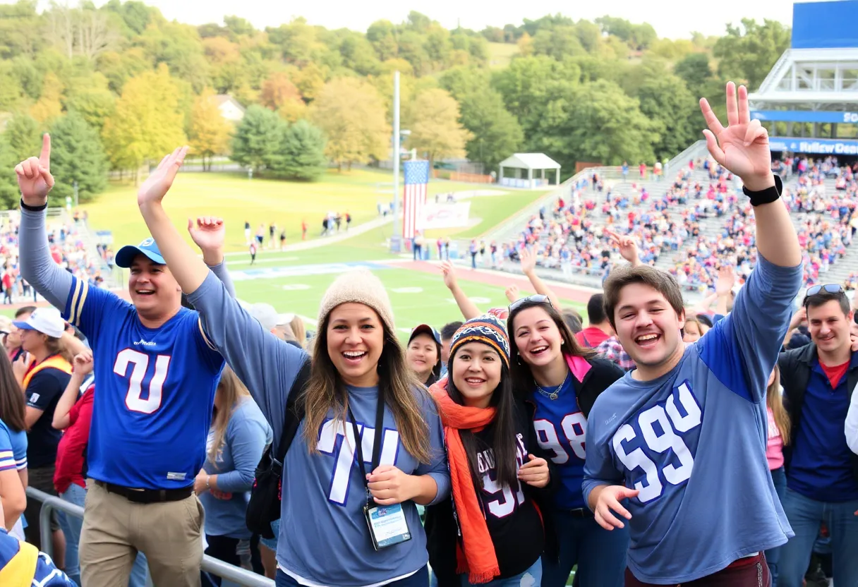 Cheerful fans supporting university football at local stadium.