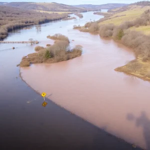 Flooded river landscape with warning signs visible.