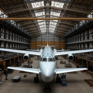 Large factory building with planes being assembled inside.