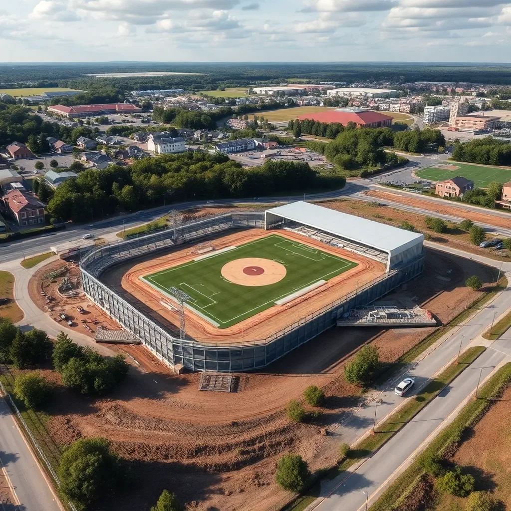 Aerial view of a new sports facility construction site.