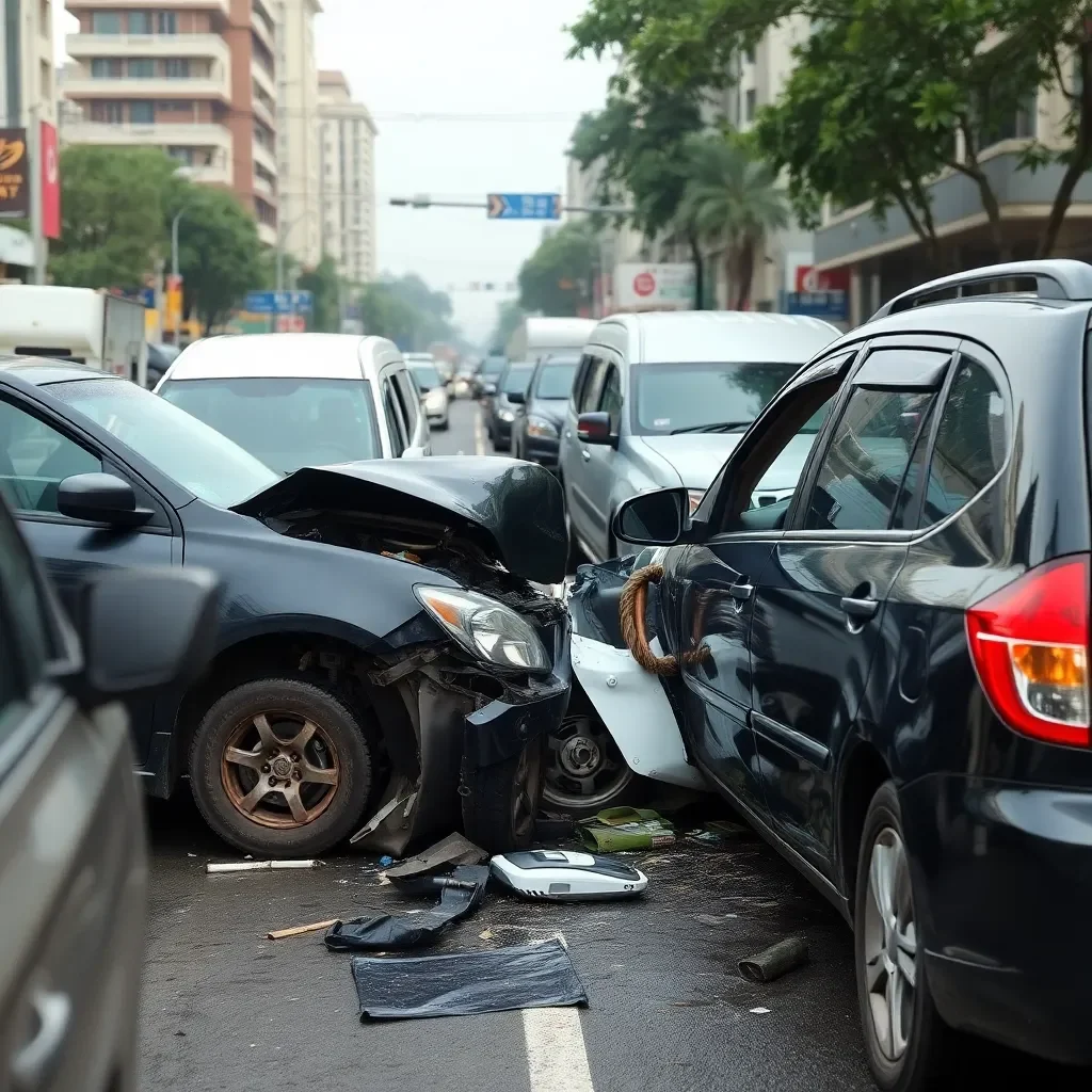 Traffic accident scene with damaged vehicles in urban area.