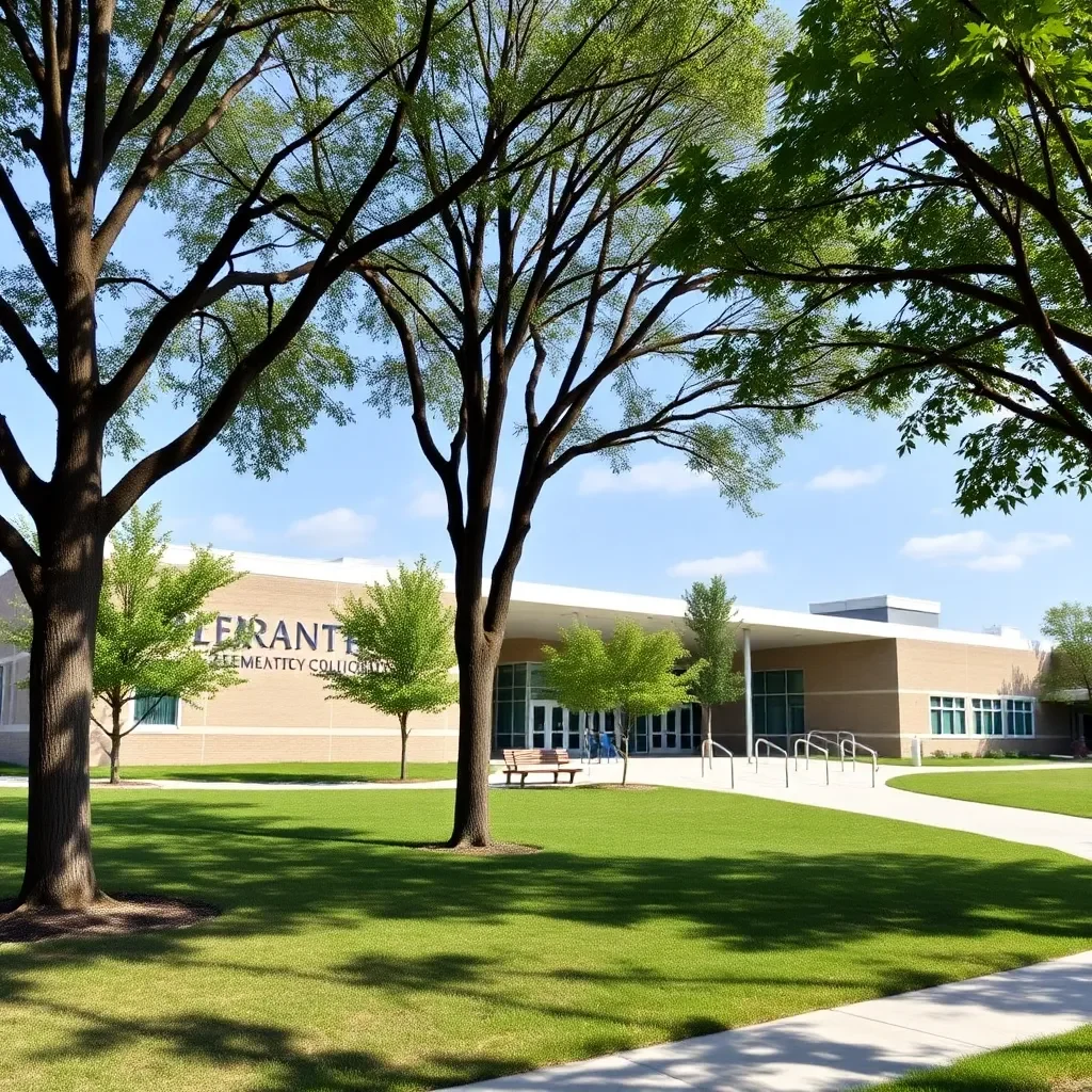 Modern elementary school building with playground and trees.