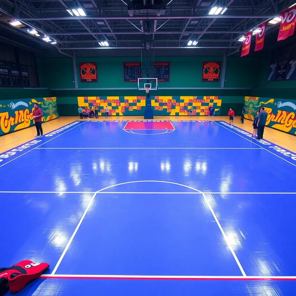 Basketball court with vibrant team colors and gear.