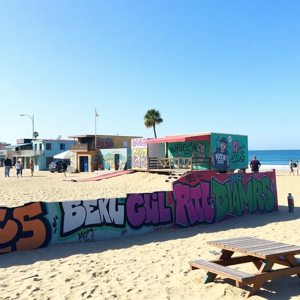 Vibrant beach scene with playful graffiti and local flair.