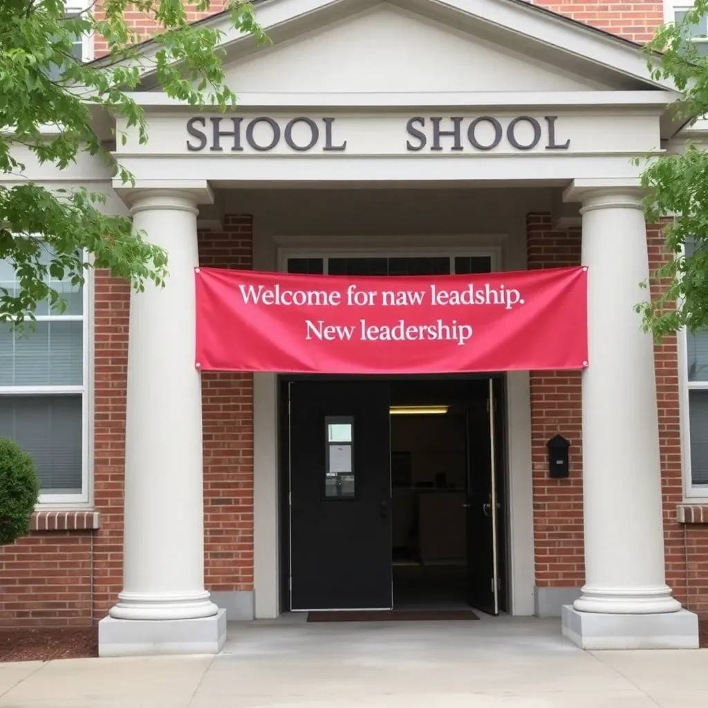 School building with a welcoming banner for new leadership.