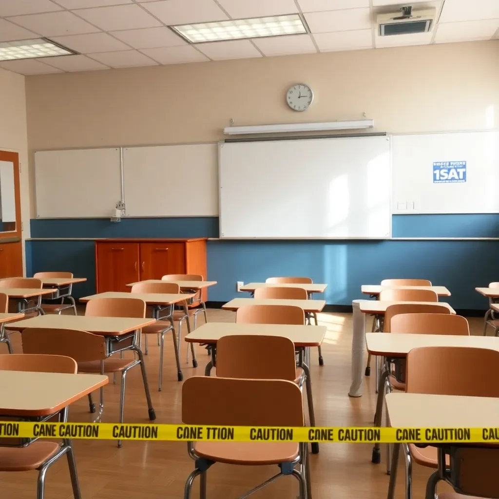 Classroom setting with caution tape and empty desks.