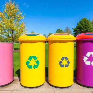 Colorful recycling bins with eco-friendly symbols in park.