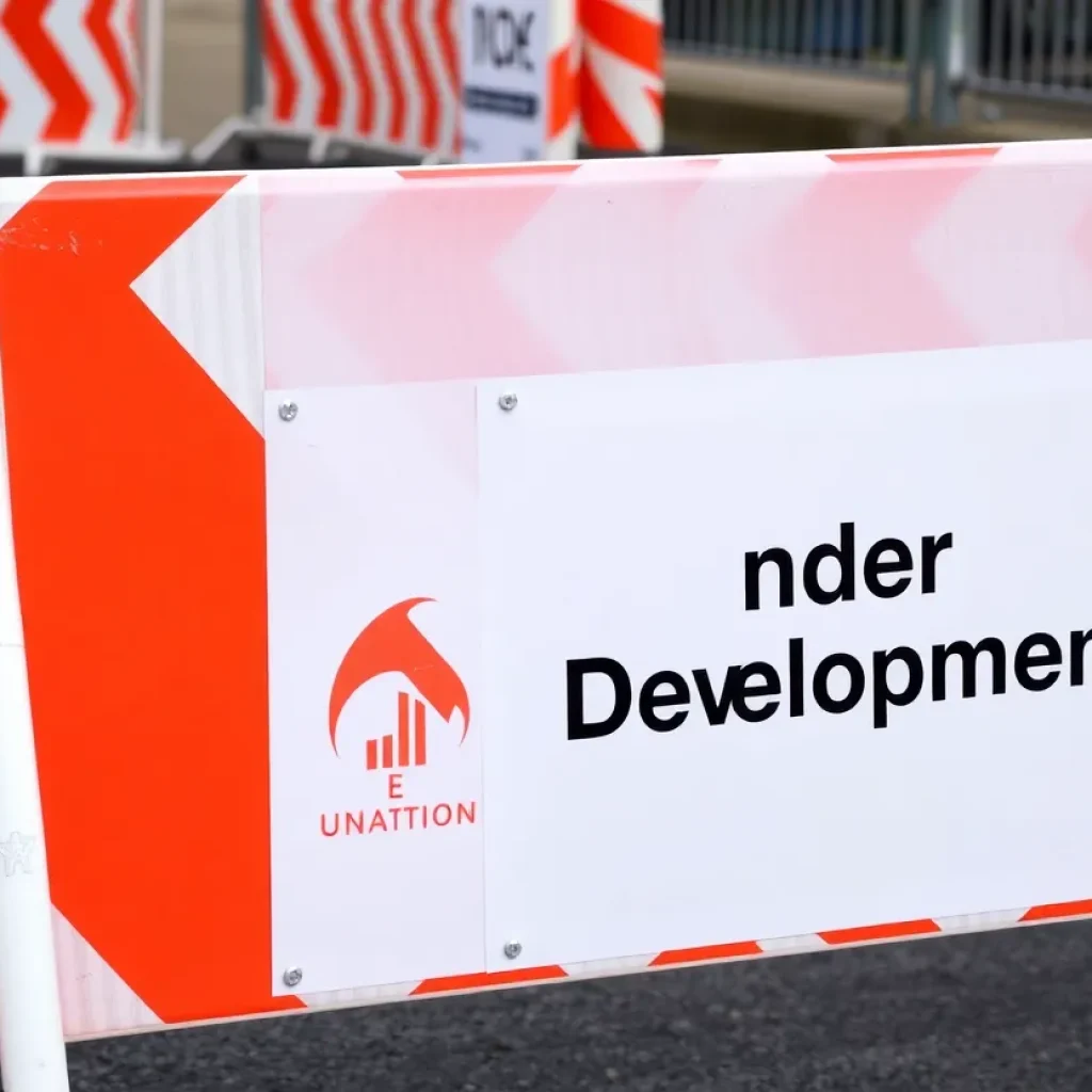 Construction barriers with "Under Development" sign and logo.