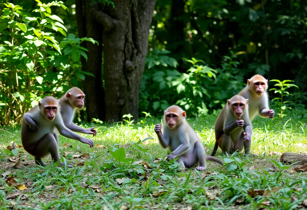 Monkeys playing in a lush, freedom-like environment.