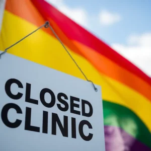 Closed clinic sign with rainbow flag in the background.