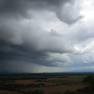 Dark storm clouds gathering over a southern landscape.