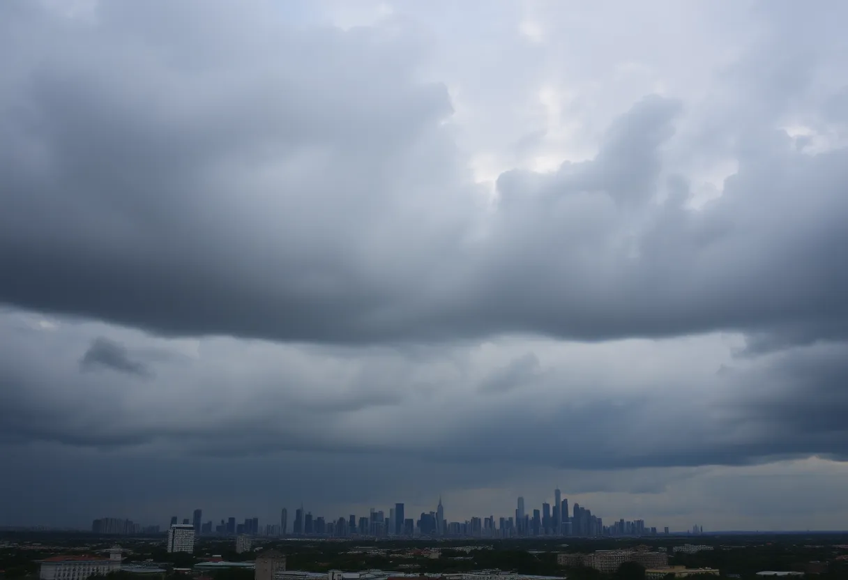 Dark clouds gathering over a city skyline.