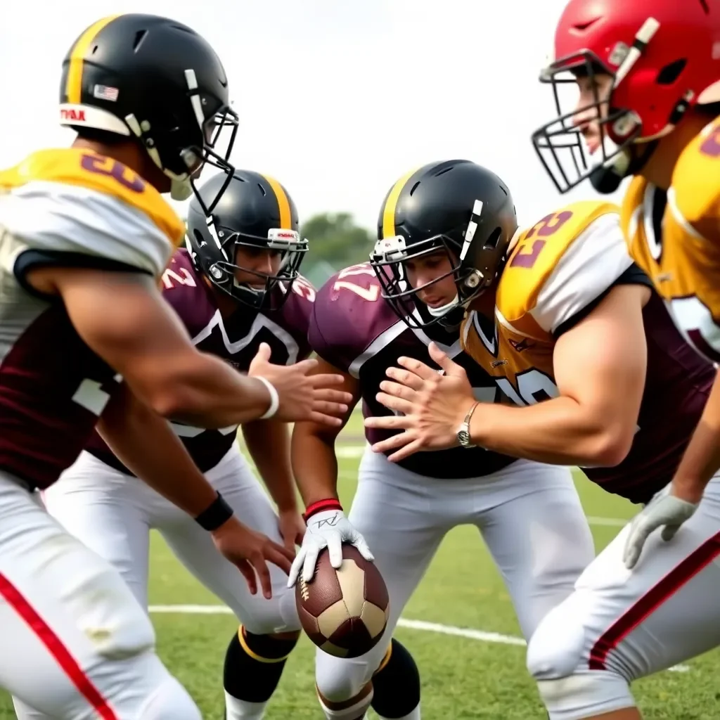 Powerful football players focused on teamwork and strategy.