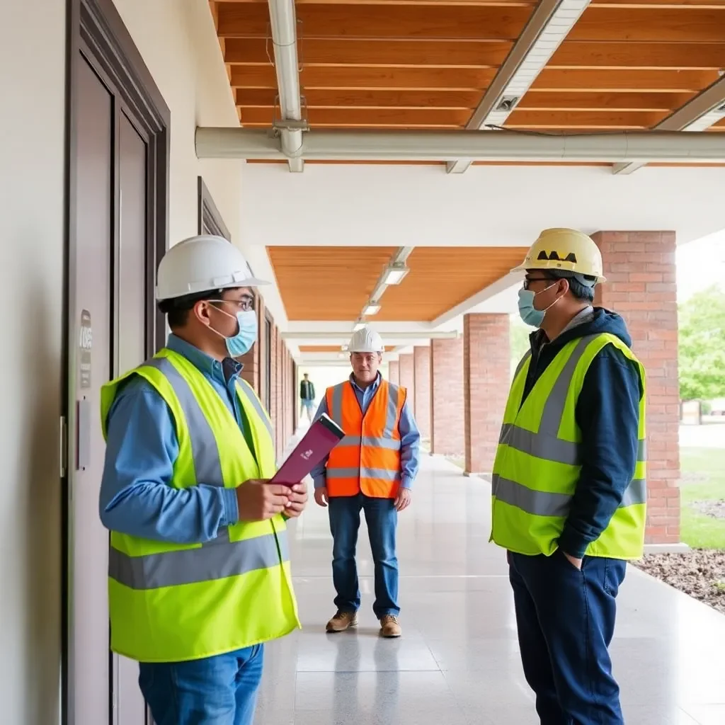 Safety personnel inspecting a campus building for hazards.