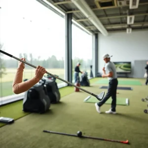 Golfer using adjustable indoor golf clubs during an indoor practice session.