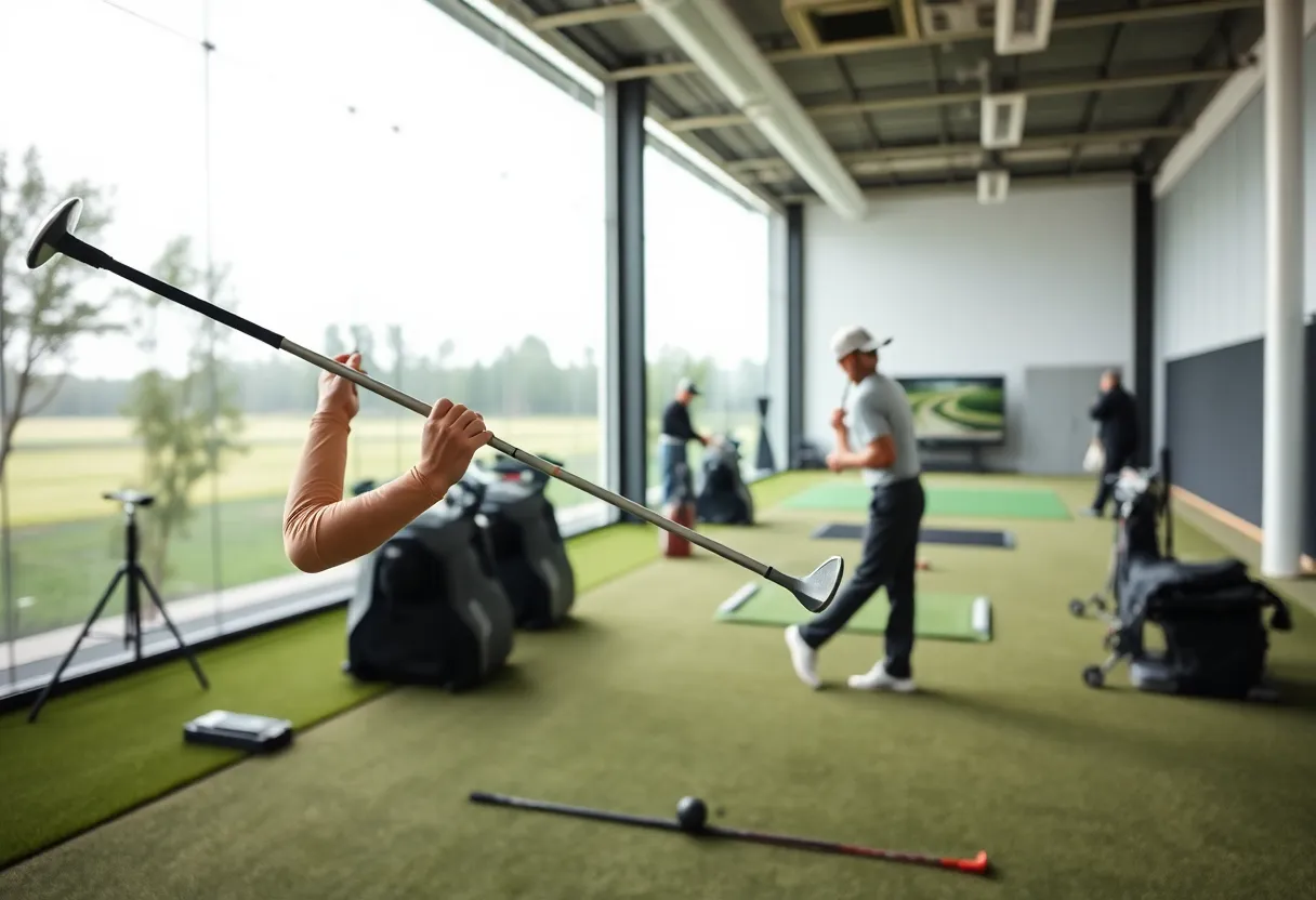 Golfer using adjustable indoor golf clubs during an indoor practice session.