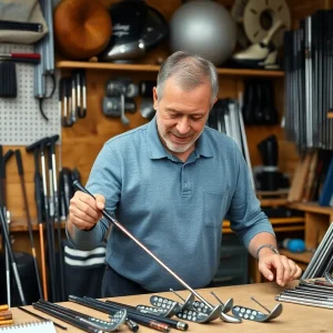 Tom Bailey designing innovative golf clubs at his workshop.