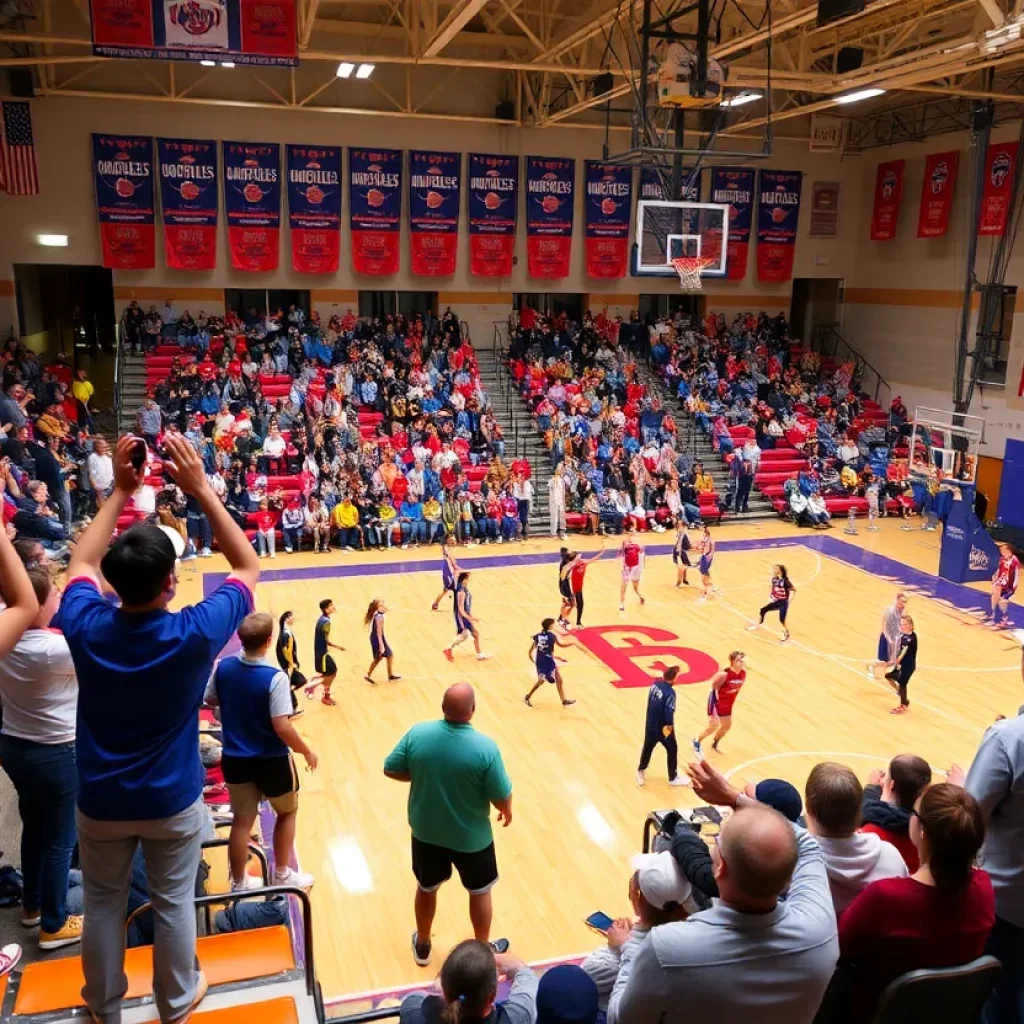 Crowd cheering during a high school basketball game at the Beach Ball Classic in Myrtle Beach.