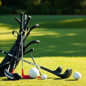 A selection of beginner golf clubs with a vibrant golf course in the background.