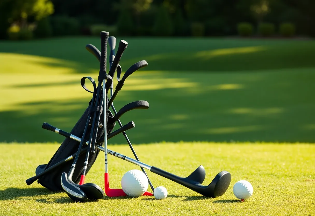 A selection of beginner golf clubs with a vibrant golf course in the background.