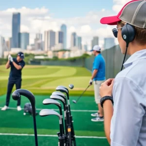 First set of golf clubs for beginners on the driving range in the city