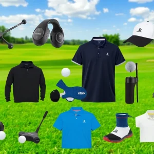 Various golf gifts including gadgets, apparel, and accessories displayed creatively.