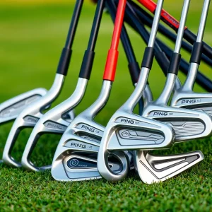 An array of Ping golf irons on a green golf course