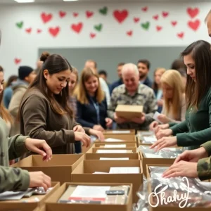 Volunteers preparing care packages for troops