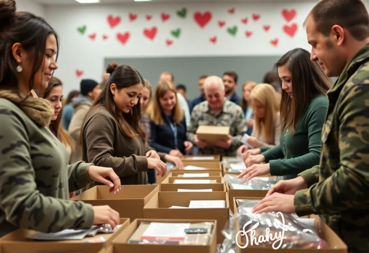 Volunteers preparing care packages for troops